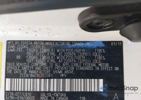 2011 Lexus Rx 350 из США, поврежденный, VIN 2T2ZK1BA7BC052081